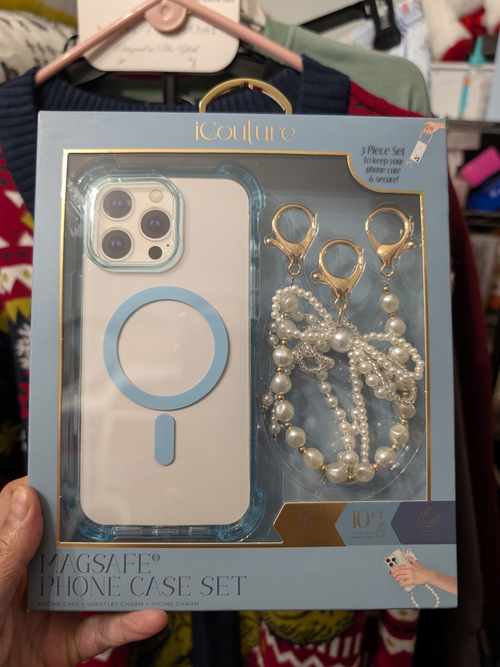 Blue & White MagSafe Phone Case Set with Pearl Charms